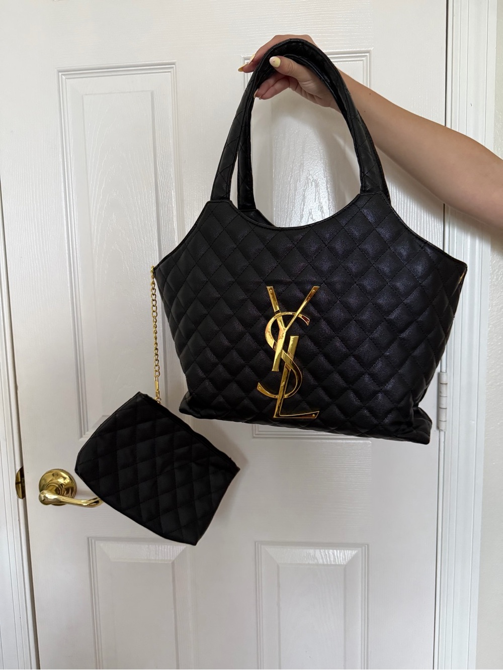 Quilted Black faux Leather Tote with Gold Monogram - Picture 3 of 4